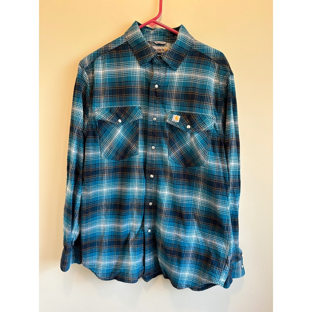 Carhartt Men's M Relaxed Fit Plaid Flannel Snap Button Shirt Teal Blue #0040